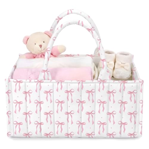 Shinylin Diaper Caddy Organizer with Pink Bow Portable Nursery Storage Basket with Handles and Removable Dividers Cute Storage Bin for Organizer Diaper Caddy Baby Wipes Baby Shower Gifts