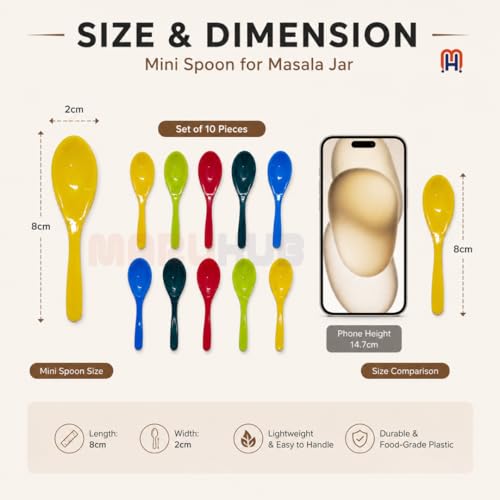 Image of MaruHub 10Pcs Mini Plastic Spoons for Masala Jar, Multicolor Reusable Kitchen Spice Condiment Scoops, Small Baby Food & Candy Spoon Set, Non-Toxic BPA-Free Spoons for Home & Cooking (8 x 2 cm)