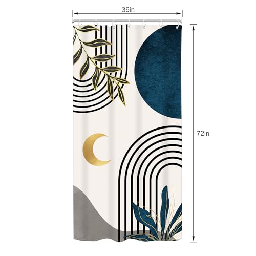 Image of Riyidecor Small Stall Navy Blue Abstract Shower Curtain Rv Boho Mid Century Minimalist Leaves Modern Geometric Gold Moon Arch 36Wx72H Inch Men Fabric Decor Bathroom Polyester Waterproof Hooks