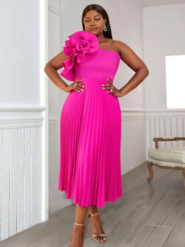 Image of AOMEI Women's One Shoulder 3D Flower Sleeveless High Waist Pleated A Line Long Dress Party Summer