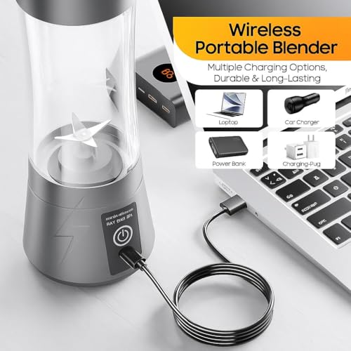 Image of Blender Mixer Grinder For Milk Shakes ; blender machine; Portable USB Juicer for home ; Mini Smoothies & Juices; Office, & Kitchen (Royal Gray) - 6 Blade, Rechargable