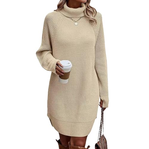 Robe pull élégante midi tricotée à col roulé fendu décontractée