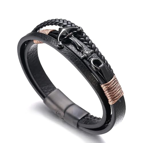 HALUKAKAH ● Voile ● Homme Bracelet en Cuir Véritable de Main Tresser Ancre Noir Fermoir Magnétique en Titane Acier Mat 8.5
