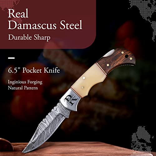 Morf Steelware Customized Damascus Steel Pocket Knife, Handmade Knife for Men Pocket Folding Knives with Sheath for Camping, Hiking and Outdoor Activities