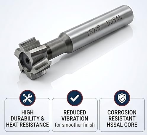 Image of NACX HSS-AL T Slot End Mill Woodruff Keyway Cutter, 16mm Cutting Diameter 8mm Depth 62mm Overall Length, High Speed Steel T-Slot Milling Cutter for Metalworking