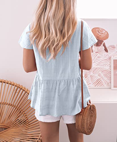Jaygate Womens Short Sleeve Button Down Shirt V Neck Blouse Casual Loose Ruffle Hem Babydoll Peplum Tops Light Blue #TOP2