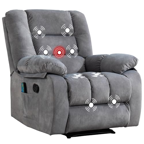 Phoenix Home Manual Recliner Chair with Massage & Heating, Overstuffed Breathable Fabric Reclining Sofa with Side Pockets for Living Room, Gray