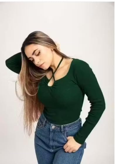 Image of Gampy Women's Lavender Long Sleeve Top, Criss-Cross Neck Design, Ribbed Knit Fitted Casual