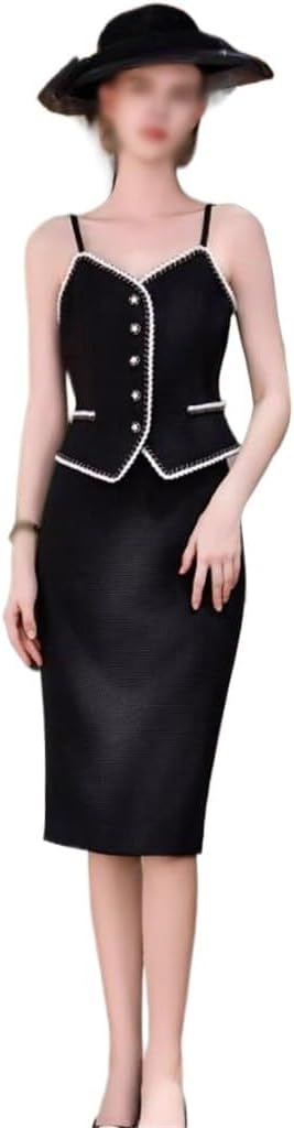 Three-piece Tweed Set for Female Autumn Dress Formal Occasion Black Woven Coat