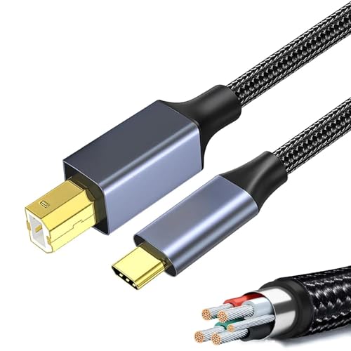 Yongst 2M USB B to C Printer Cable - Durable Braided Nylon, 2.0 Data Lead - Compatible with Epson, Canon, HP, Lexmark, MacBook, iMac, XPS, ASUS & More
