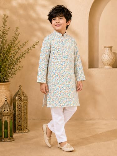 Image of superminis Boys Cotton Golden Embroidery Printed Full Sleeves Kurta with Pyjama Ethnic Wear Set