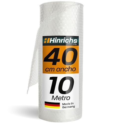 Hinrichs Rollo de Papel Burbujas 10m x 40cm - Ideal para Envíos, Embalajes y Mudanzas - 100% Reciclable - Plástico de Burbujas como Material de Embalaje - Material de Amortiguación