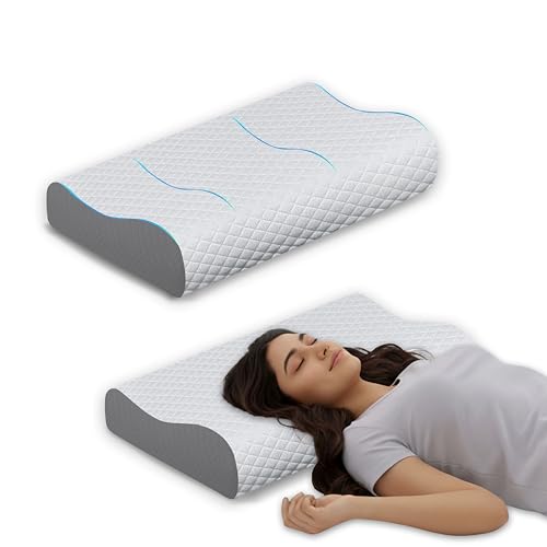 Image of Ergonomic Cervical Pillow, Memory Foam Contour for Sleeping Neck and Shoulder Pain Relief, Breathable Grey Jacquard Cover, 60 x 35 x 12 cm Orthopedic Therapy Bedding Support Item