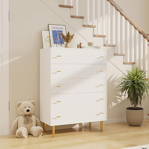Farmhouse 5 Drawers Dresser for Bedroom, 44 in Tall White Dresser Wood Rustic Chest of Drawers with Large Drawers & Bar Handles,Natural Texture,Drawer