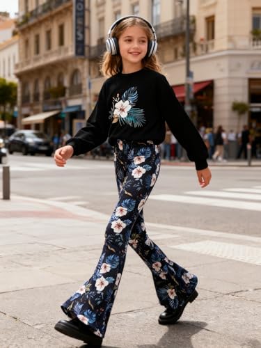 Image of Girls 2 Piece Outfits Long Sleeve Butterfly Sweatshirt & Flared Pants Fall Clothing Set Size 7-12 Years