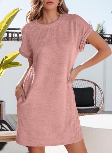 Image of EVALESS Womens Summer Dresses 2026 Fashion Short Sleeve Cute Spring Mini Dress Crewneck Casual Beach Vacation Dresses