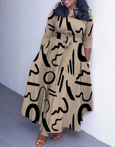 Image of Hostoyo Women Plus Size Formal A Line Maxi Dress Self Tie Waist with Pockets Elegant Round Neck Swing Long Dresses