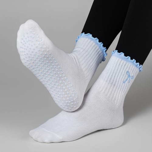 Image of Jeyiour Summer Cute Pilates Socks Women Bow Nonslip Ruffle Yoga Socks with Grip Barre Pilates Gift for Work Dance Fitness