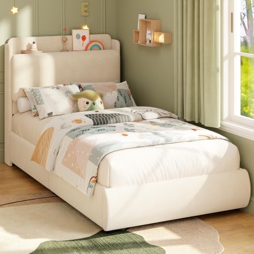 Image of Garvee Twin Size Bed Frame with Recessed Shelf for Kids- Beige