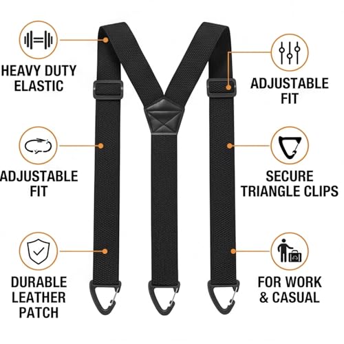 Image of Suspenders for Men Black, Professional Elastic Braces with Strong Clips, Durable Support for Work and Formal Wear, Adjustable Design for Daily Comfort, Black Color Polyester Material