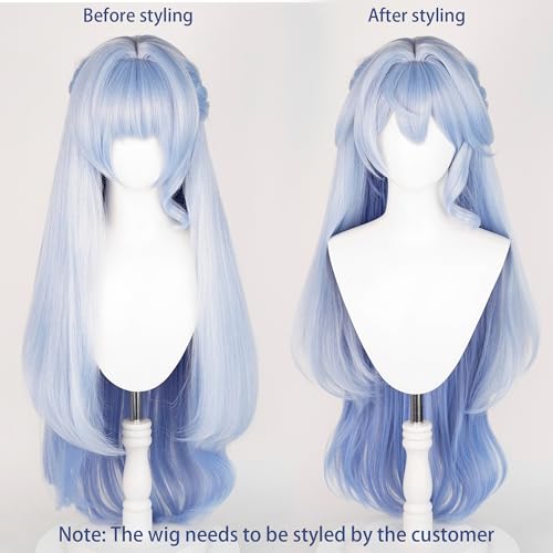 Image of Anime Blue Wigs with Bangs Women Long Wave Wig with Braid and Bun Robin-Bird Style Cosplay wig Halloween,Christmas,Comic con,Game Show,Carnival