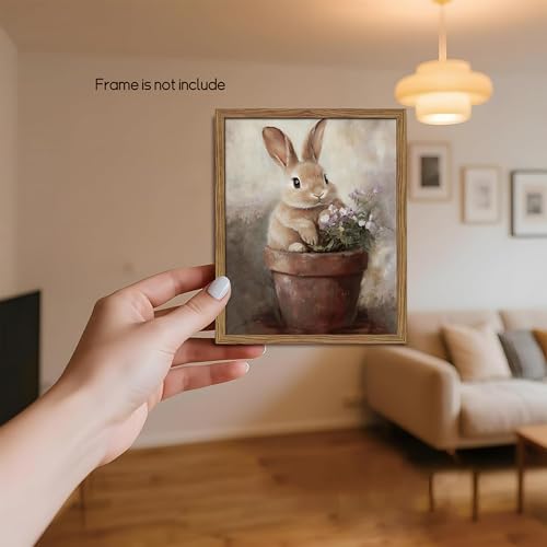 Image of AKWISH Vintage Easter Wall Art Poster, Cute Rabbit in Flower Pot Picture Prints, Cottage Farmhouse Bunny Canvas Artwork, Holiday Wall Decor for Kids Room Girls Bedroom Living Room 8x10 inch Unframed