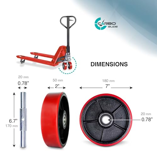 pallet jacktruck steering wheels set with axle fasteners and protective caps 4 pcs 734 x 234 with bearings id 20mm poly tread red tool kit included