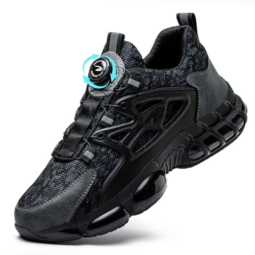 GemChve Chaussures de Sécurité Hommes Légère Respirantes Femme Basket Securite Embout en Acier Antidérapante Confortable Chaussures de Travail Black 44 EU