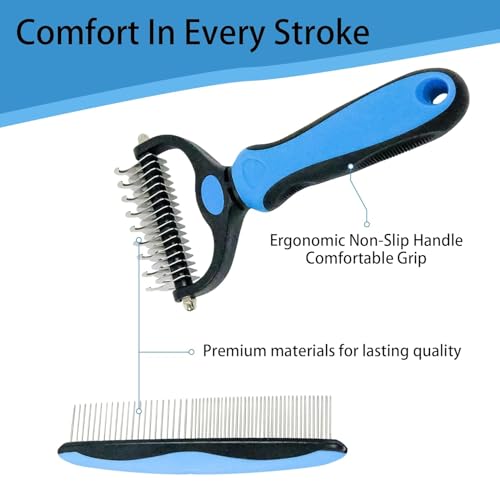 Pet Grooming Brush and Metal Comb Combo, Cat Brush Dog Brush for Shedding, Undercoat Rake for Dogs Grooming, Dematting Deshedding Brush Dogs Shedding Tool for Long matted Haired Pets, Gray (Blue) — view 4