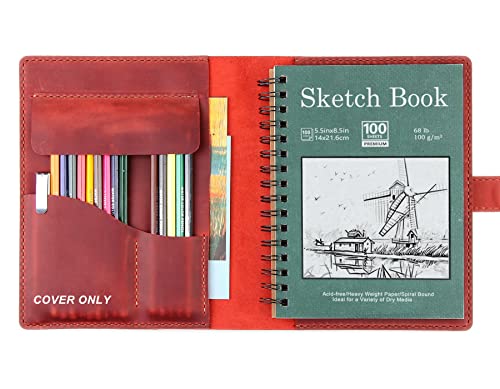 Robrasim Funda de cuero hecha a mano, para cuaderno de bocetos de 5.5 x 8.5 pulgadas, libro de dibujo y estuche de lápices, cartera de cuadernos, regalos artísticos, vino