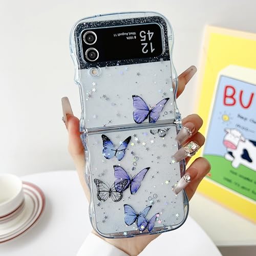 UEEBAI Hülle für Samsung Galaxy Z Flip 3/Z Flip 4 5G Durchscheinend Liquid Silikon Handyhülle mit Schmetterlingsmuster Wellen Rahmenform Stoßfeste Schutzhülle Weiche Bumper Cover Case Blau