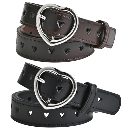 DKDDSSS 2 Piezas Cinturón para Niña, Cinturones de Cuero para Niños, Cinturones Niñas con Hebilla de Corazón, Cinturón de Ajustable, para Vestido Pantalones Vaqueros (Negro y Marrón)