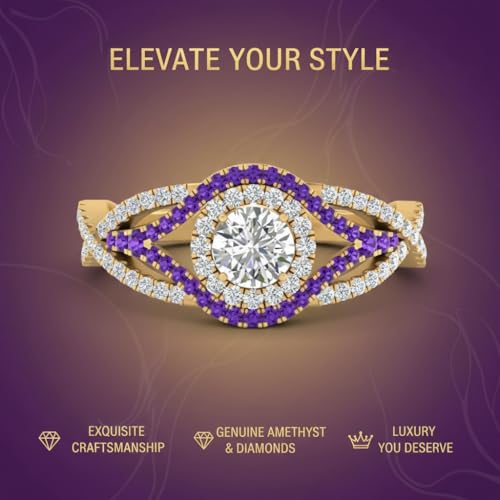 Image of Choose Your Gemstone Round Twisted Pave Double Halo Diamond CZ Ring Yellow Gold Plated Round Shape Double Halo Engagement Ring for Women, and Ladies US Size 4 to 12