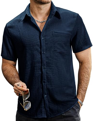 VATPAVE Herren Sommer Gestreifte Hemden Button Down Kurzarm Vintage Strand Hawaii Hemden mit Tasche