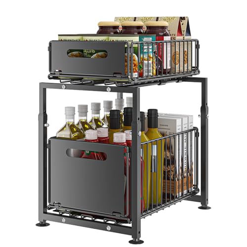 YunNasi Opslag onder de gootsteen, 2 niveaus, Metalen keukenorganizer, Uittrekbare kruidenrek (zwart, Model-A)