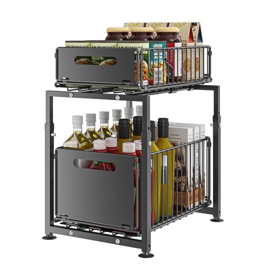 YunNasi Opslag onder de gootsteen, 2 niveaus, Metalen keukenorganizer, Uittrekbare kruidenrek (zwart, Model-A)