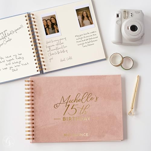 Image of Personalized Quinceanera Guest Book Photo Album - Pink Scrapbook for Sweet 15 or Sweet 16 with Polaroid Instax Corners - Holds 4x6 or 5x7 Pictures - Custom Hardcover Keepsake (Pink, Large - 11.7x8.3)