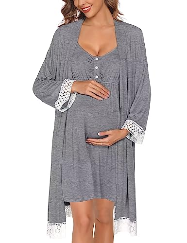 Image of SWOMOG Women Maternity Nursing Robe Pregnancy Gown Breastfeeding Nightgown Postpartum Robe Sets for Hospital Bathrobe Grey