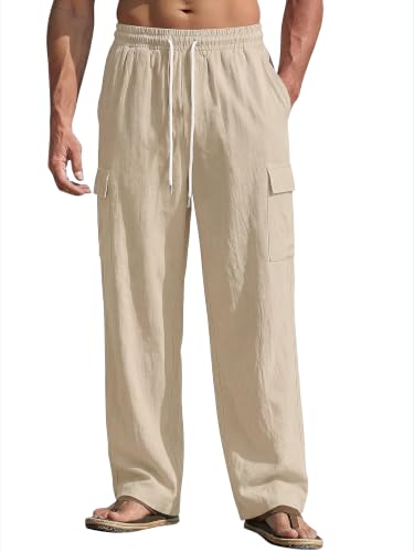 Image of Men's Linen Pants Casual Cargo Pants with Pockets Lightweight Elastic Waist Drawstring Pants Baggy Beach Pants