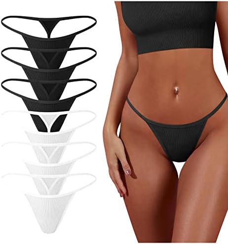 OQQ 6 Pack G-String Thongs for Women Cotton Panties Stretch T-back Tangas Low Rise Hipster Sexy Underwear S-XL 3Black 3White
