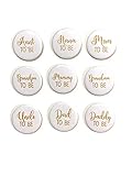 1 pc Mom Dad Mommy Daddy Aunt Uncle Grandma Grandpa Nana Papa TO BE Baby Shower Gift Favors badge pin 2.25' DIAMETER pinback button Back White FAUX Gold Glitter