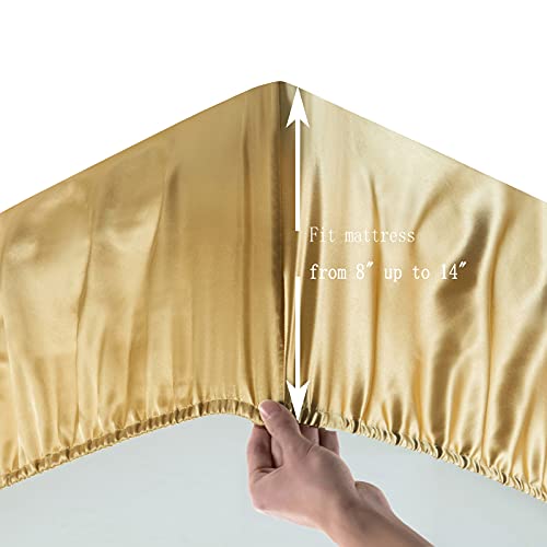Satin Fitted Sheet, King Fitted Sheet Only, 1 - Piece Ultra Soft Deep Pocket Single Silk Bottom Bed Sheet King - Gold #TOP3