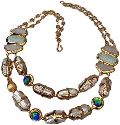 2 Strands Cultured Freshwater Biwa Pearl Murano Glass Gold Plated Chain Necklace 21"