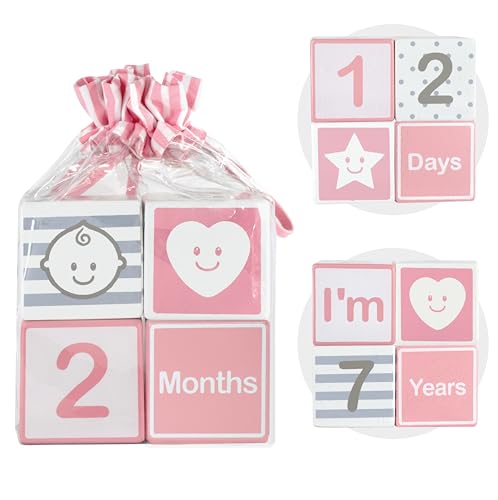 I'm Solid Wood Monthly Weekly Yearly Milestone Age Blocks, Newborn Gifts &amp; Keepsakes for Picture Props (4 Pcs/Pink)