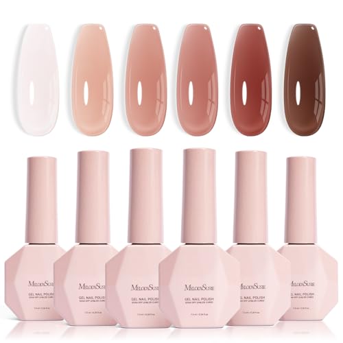 Image of MelodySusie Jelly Gel Nail Polish Set,6 Transparent Colors,Milky or Jelly Texture,Sheer Earth Tones Colors Soak Off UV LED Light Cure or Salon Manicure and Nail Art DIY at Home