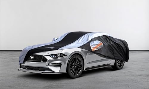 Image of Mustang Car Cover Waterproof All Weather with Silver Strip Design, Custom Fit for Ford Mustang 1994-2025, Mustang Accessory with Door Zipper & Windproof Straps