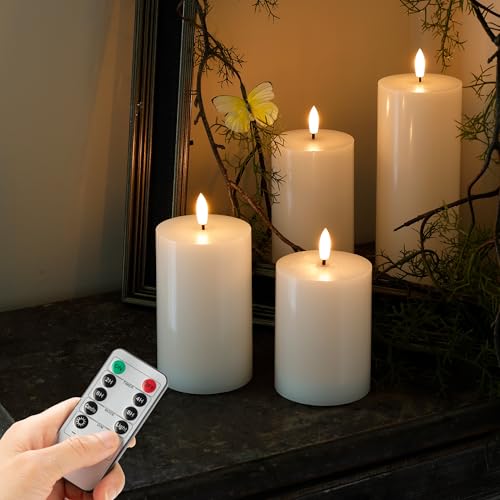 Image of White Flameless Pillar Candles, Battery Operated Wax Candles with Remote, Flat Top Flickering Flameless Candles, LED Candle for Home, Wedding, Party Decor, Set of 4, Φ 3 inch H 4 inch 5 inch 6 inch 8 inch