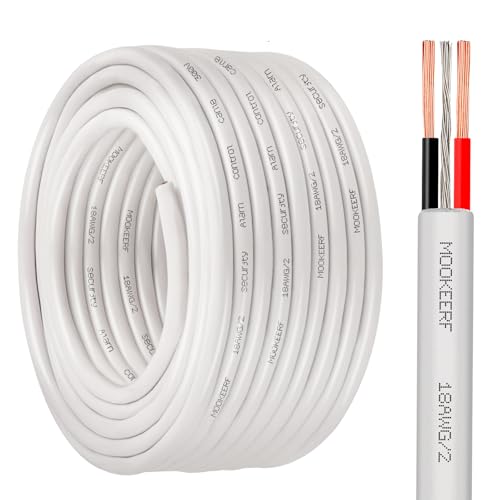 MOOKEERF 18 AWG 2 Conductor Stranded Shielded Plenum Cable 50FT 18/2 Shielded Wire White CL3P Jacket for Security/Alarm/Access Control/Sound-18AWG 2 Conductors Wire