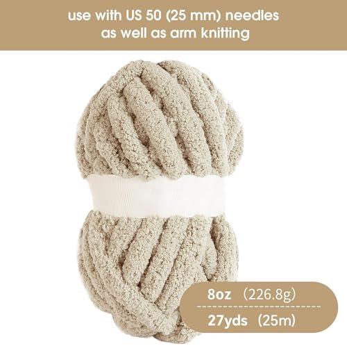 HOMBYS Khaki Chunky Chenille Yarn for Crocheting, Bulky Thick Fluffy Yarn for Knitting, Super Bulky Chunky Yarn for Hand Knitting Blanket, Soft Plush Yarn, 8 Jumbo Pack (27 yds,8 oz Each Skein) - 1