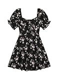 Floerns Women's Summer Drawstring Sweetheart Neck Puff Sleeve A Line Short Dress Black Flower XL